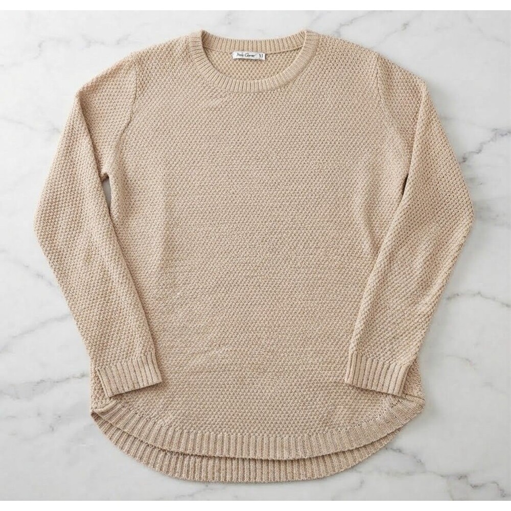Pink Clover Popcorn Knit Crewneck Sweater Medium Beige Curved High Low Pullover